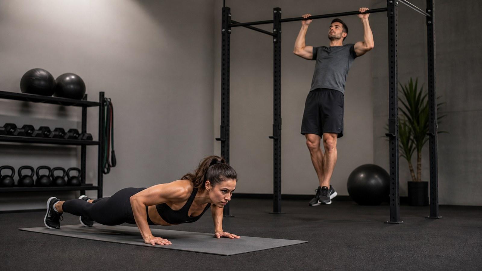 Woman doing push-ups and man doing pull-ups in a modern gym for From Zero to Hero Calisthenics A Level 1