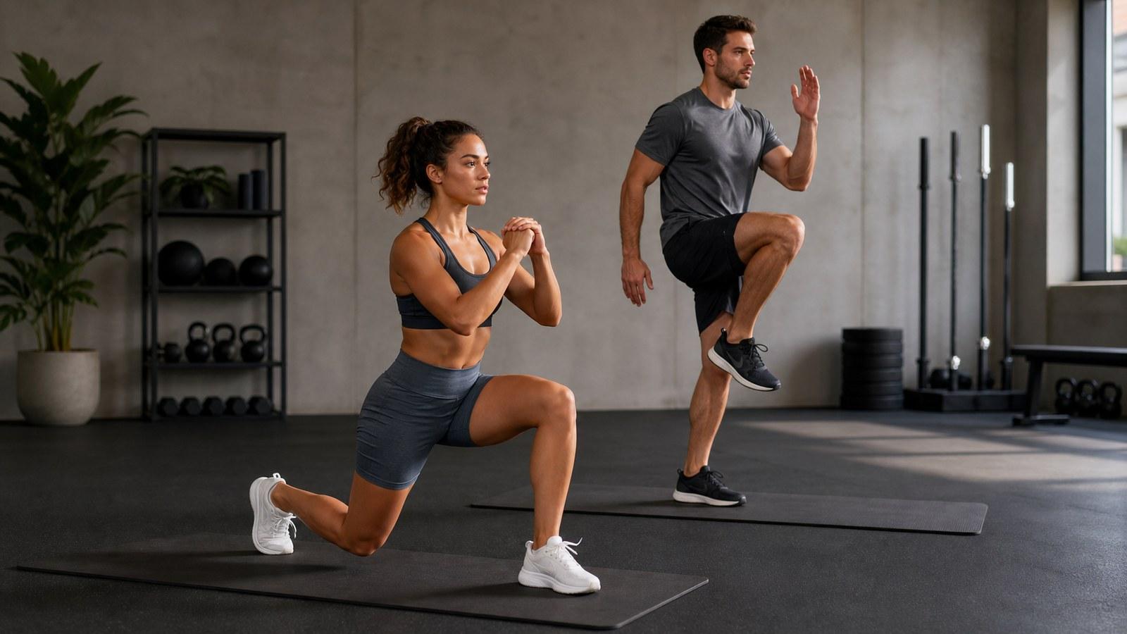 Woman doing lunges and man doing high knees in a modern gym for From Zero to Hero Calisthenics B Level 1